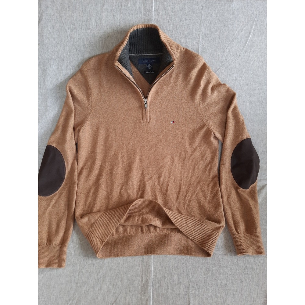 Tommy Hilfiger Men's Small Petite Pullover Zip-Up Elbow Patch Sweater Lux Cotton